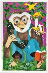 ART POSTCARD~BIG EYED MONKEY ON PHONE,EATING A BANANA,READING A BOOK~V. HANCKE - Picture 1 of 2