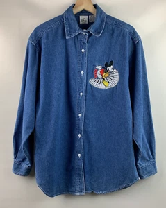Disney Store Mickey Mouse/Friends Denim Shirt Collared Buttons Embroidered Sz L - Picture 1 of 10