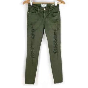 Frame Le Skinny De Jeanne Jeans Womens Forest Green Ripped Mid Rise Size 25 - Picture 1 of 9