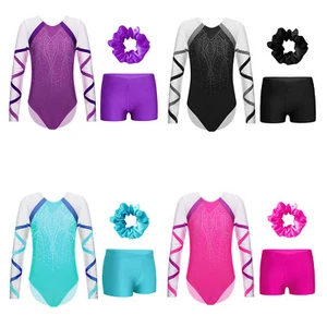 Kids Girls Dance Outfit Rhinestones Bodysuit And Bottoms Figure Ice Skating Gym - Picture 1 of 31