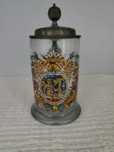 Glass Antique Beer Stein w/ Pewter Lid & Hand Painted Nude Art - Picture 1 of 9