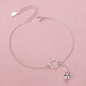 Fashion 925 Silver Lovely Cat Bell Chain Link Bracelet Womens Jewelry Accessory