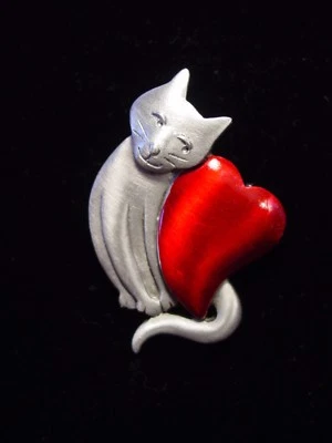 "JJ" Jonette Jewelry Silver Pewter "CAT with Large RED Heart" Pin  - Image 1 of 3