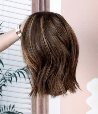 Short Balayage Caramel Brown Highlight Bob Wigs 100% Human Hair Lace Front Wigs - Image 1 of 4