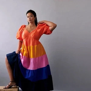 Farm Rio Maxikleid Stufen Colorblocked V-Ausschnitt Puffärmel XL Anthropologie - Bild 1 von 9