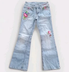 Girls Kids Size 7 Retro Embroidered Floral Y2k Light Wash 1990s Flare Leg Jeans - Picture 1 of 5