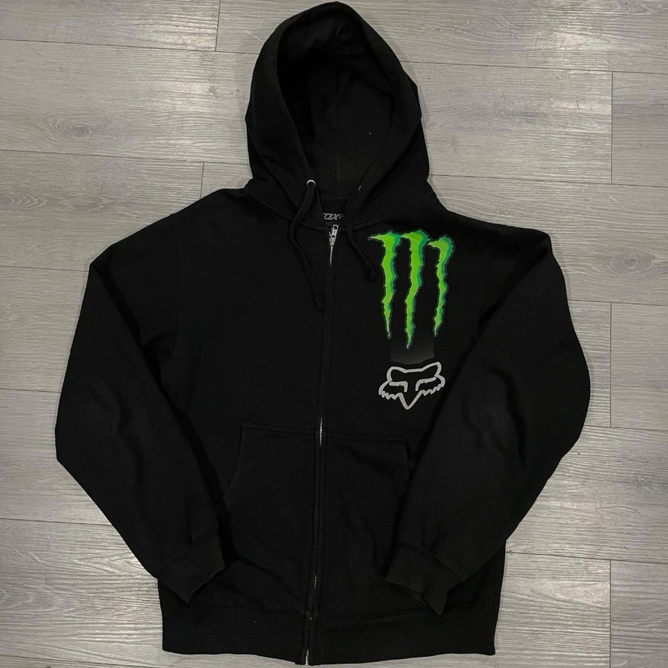Moletom com capuz vintage Y2K Fox Racing Monster Energy preto com zíper Graal tamanho P - Imagem 1 de 4