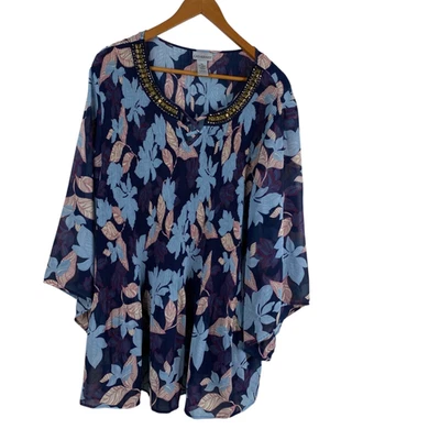 Catherines Top Women's Blue Sz 4X Tunic 3/4 Sleeves Floral Pleated Studded Flowy - Image 1 of 4