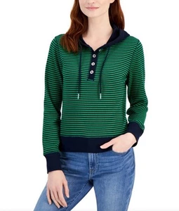 Tommy Hilfiger Women’s Green Navy Striped Long-Sleeve Waffle-Knit Hoodie Medium - Picture 1 of 4