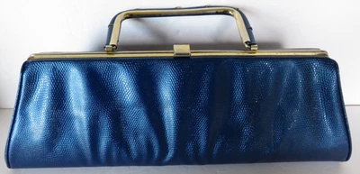 Vtg Handbag Purse Blue Metallic Look 15" Fabric Lined Latch Close 1970's - Image 1 of 4
