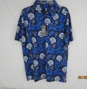 Suntasy Men's UPF 50+ Blue Floral Print Short Sleeve Golf Shirt L - Picture 1 of 13