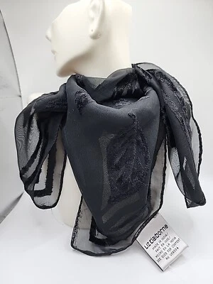 Vintage Liz Claiborne 19" Square Sheer Black Scarf With Black Velvet Leaves... - Image 1 of 4