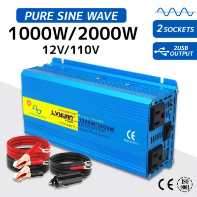 LVYUAN 1000w 2000w Power Inverter Pure Sine Wave Dc 12v To Ac 120v Vehicle Converter