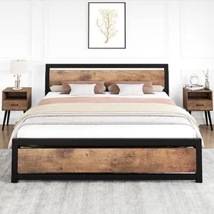 Full Size Bed Frame Wooden Headboard Metal Platform Bed Frame Bedroom Industrial - Picture 1 of 16