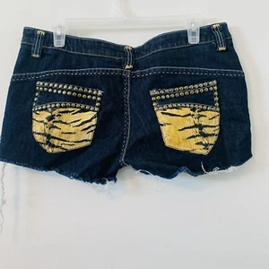 COOGI Women's Cutoff Denim Shorts Size 11/12 Dark Wash Animal Print Studded Gold - Picture 1 of 12