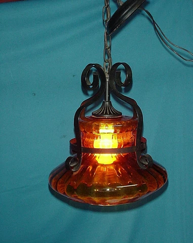 Spanish Revival MCM Wrought Iron Pendant Amber Glass Bell Ceiling Light Hanging Cover