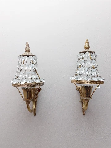 Vintage Antique Pair of French Empire Brass Crystal 1 Light Sconces Wall Lights Cover