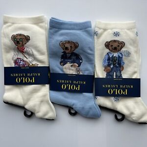 Polo Ralph Lauren Women's Polo Bear Trouser Socks Ivory, Blue Lot of 3 Pairs