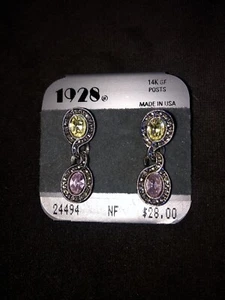 1928 Earrings New on Card Lavender & Yellow Rhinestone Figure 8 Drop Links - Picture 1 of 2