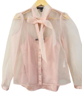 whbm Organza Pussy Bow Top Shirt Blush Sheer Button Up Elegant Size XS - Picture 1 of 13