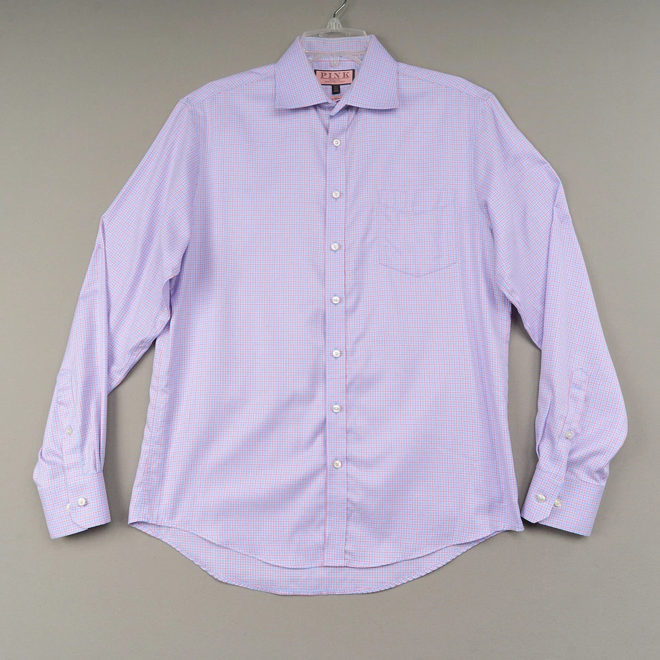 Thomas Pink Dress Shirt 15.5 Blue Pink Cotton Traveller Slim Fit Spread Collar - Image 1 of 4