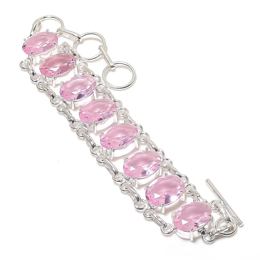 Brazalete de joyería de plata de ley 925 hecho a mano con piedras preciosas de kuncita rosa 7-8" Foto 1 de 1