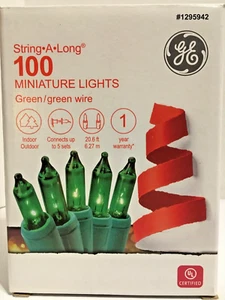 GE String A Long 100 Count Green Mini Light Set Green Wire Indoor/Outdoor NIB - Picture 1 of 6