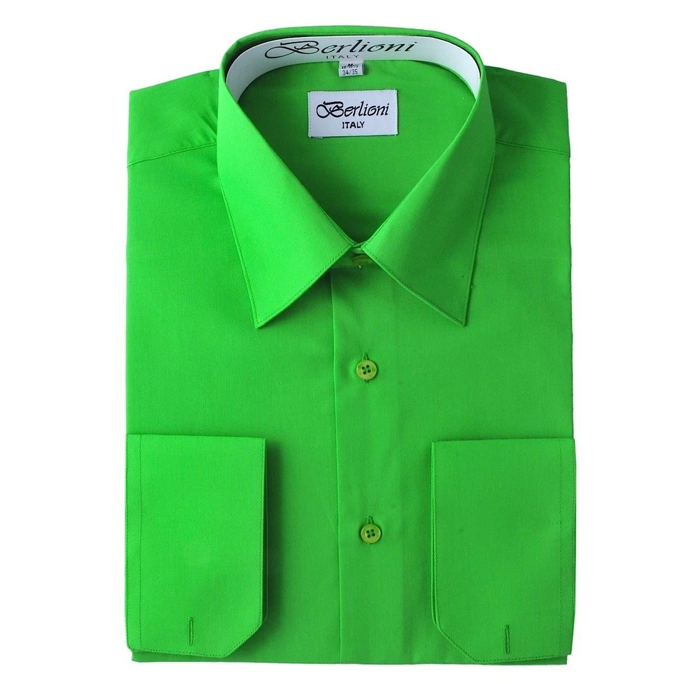 BERLIONI ITALY MEN'S DRESS SHIRT FRENCH CONVERTIBLE CUFF DRESS SHIRT ALL COLORS Apple Green M (15-15 1/2) sleeve 34/35