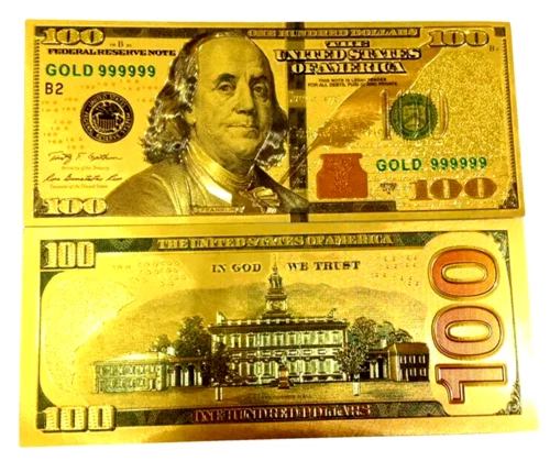 Lot of 100 - GOLD Foil $100 Dollar Bill with Green Seal TWO SIDED Printed - Image 1 of 1
