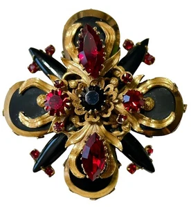Broche Colgante Cruz Maltesa Vintage Original Por Robert Rojo Negro Tono Oro - Imagen 1 de 8