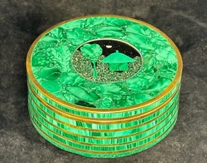 Vintage Green Malachite & Brass Round Box from Congo - Pietra Dura Scene on Top - Picture 1 of 10