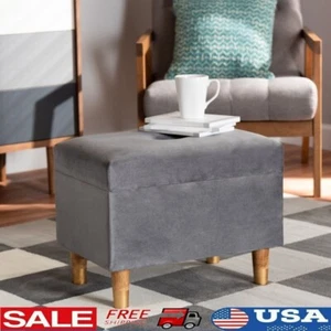 Lift Top Velvet Storage Ottoman Button Tufted Wood Legs Elegant Polyester Grey - Picture 1 of 11