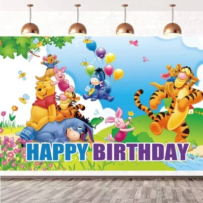 Decoración de fiesta de cumpleaños temática Winnie The Pooh, telón de fondo de feliz cumpleaños de 5x3,5 pies Foto 1 de 4