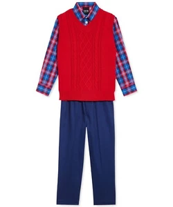 TFW Little Boys Sz 7 Red Sweater Vest Plaid Shirt & Pants, 3 Pc Set - $65 NWT - Picture 1 of 6