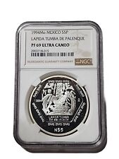 PF69 UCAM 1994 Mo Mexico Silver 5 Pesos Lapida Tumba De Palenque
