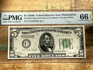 $5 1928B 1952-C DGS CA Block Philadelphia FRN PMG 66EPQ - DARK GREEN SEAL - Picture 1 of 2