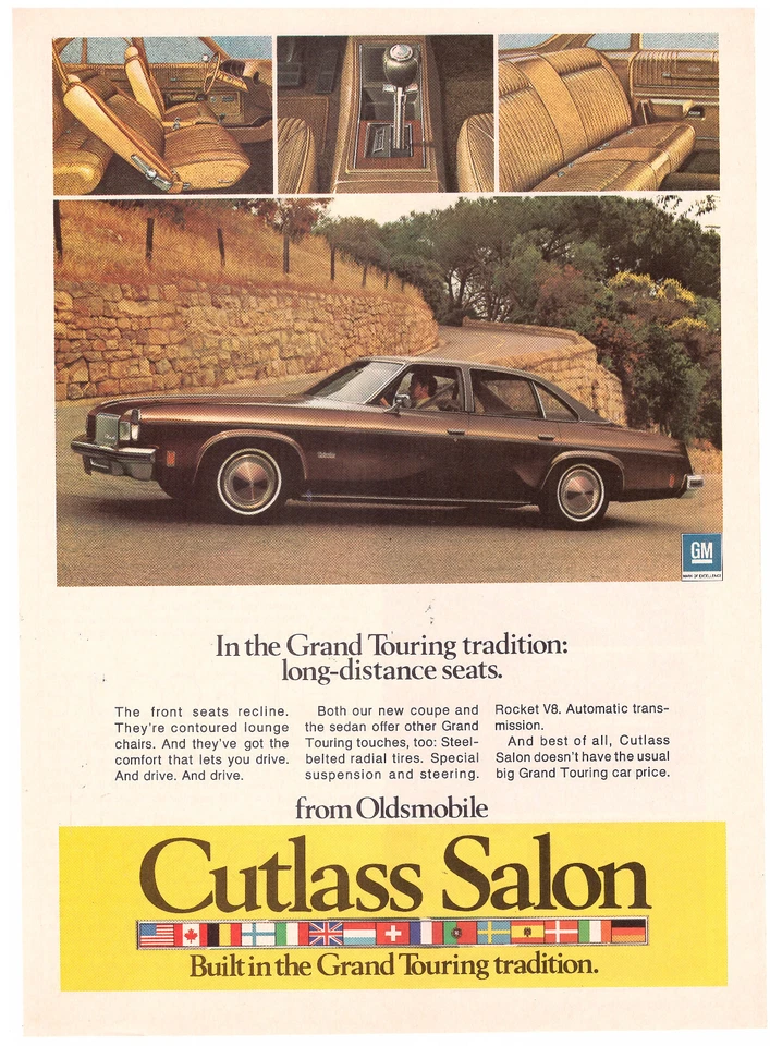 1974 Oldsmobile Cutlass Salon Sedan, Attractive USA Issue Magazine Ad - 02/74 - Image 1 of 1