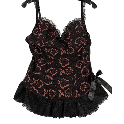 Sexy Corsé Babydoll de Encaje Floral Negro Rojo Top Lazo Volantes Lencería con Aros D Foto 1 de 4