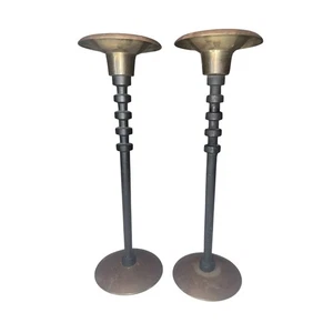 Pair of Vintage Mcm Gatco Brass And Black Candlestick 9 3/4 Inches Rare Design ￼ - Picture 1 of 6