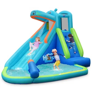 Inflatable Kids Hippo Bounce House Slide Climbing Wall Splash Pool w/ Bag - Picture 1 of 8