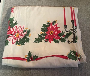 VTG Tablecloth 1960s Christmas Poinsettia Candelabra Holly Red Ribbon 52x60" - Picture 1 of 15