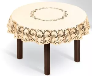 Tischdecke rund creme/dunkelgold Spitze NEU Ø 140cm (55") perfektes Geschenk Polyester - Bild 1 von 2