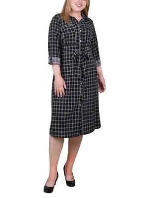 Ny Collection Plus Size Printed Belted Shirt Dress - Black Grid View - SZ 2X - Image 1 of 2