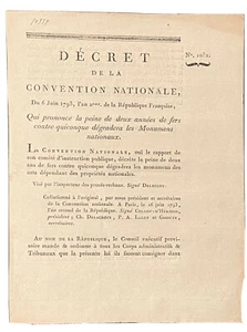 Decreto Francese Convenzione Nazionale 6 Giugno 1793 Due Anni in Ferro - Foto 1 di 2