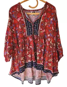 JAASE Size M Red Floral Boho Top EUC Blouse 10 - 12 - 14 Gypsy Bohemian - Picture 1 of 6