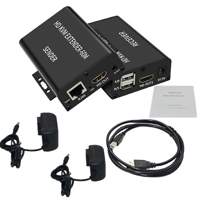 KVM Extender Over Cat5/6 Ethernet Cable to 60M 1080P HDMI USB RJ45 LAN Extender