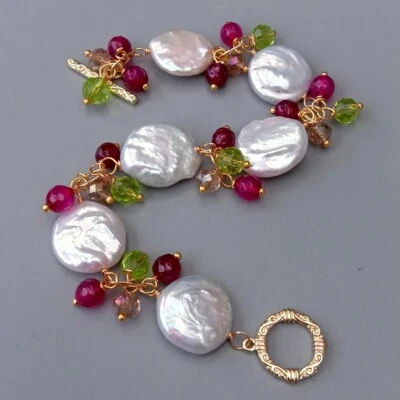 Pulsera de cristal de ágata fucsia perla blanca cultivada joyería para mujer regalo Foto 1 de 4
