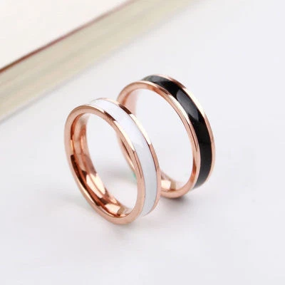 18K Rose Gold/Silver Titanium Steel Band Men Women's White/Black Ring Size 3-10 - Image 1 of 4
