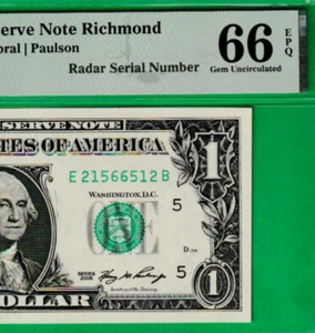 RADAR SERIAL # E 21566512 B $1 2006 Federal Reserve note Fr. 1933-E PMG 66 - Picture 1 of 3