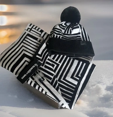 NUEVO CON ETIQUETAS Karl Lagerfeld Conjunto de Invierno para Mujer (Bufanda Negra/Blanca (14x32)/Sombrero de Pompón) Foto 1 de 4